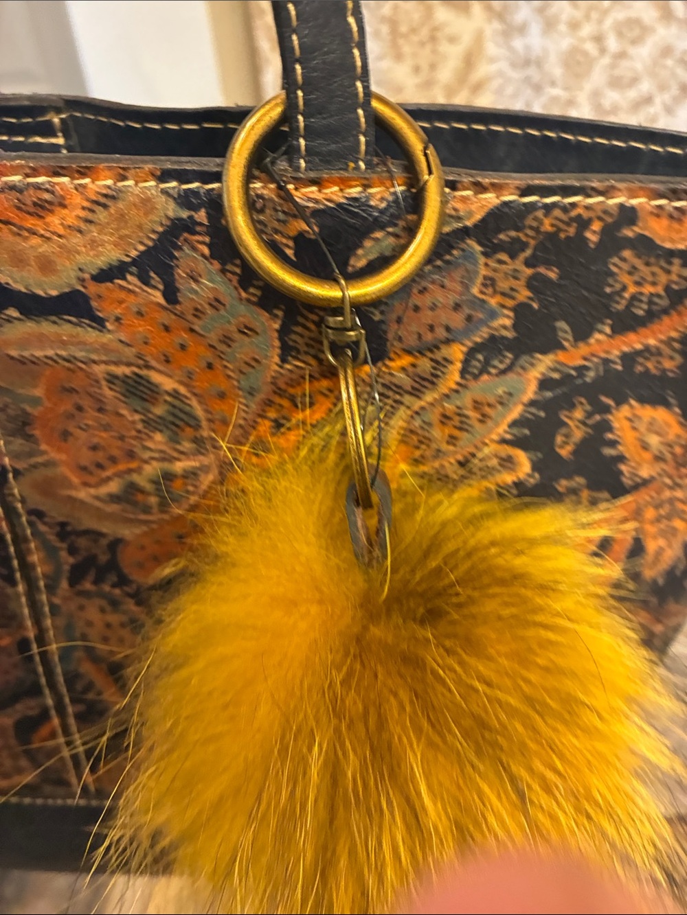 Patricia‎ Nash Navy and Brown Floral Tote with Mustard Pom - Picture 7 of 8